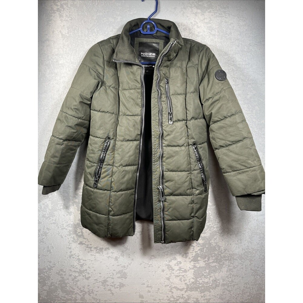 NOIZE Womenโs Olive Green Puffer Jacket L Quilted Hooded Winter Coat Vegan